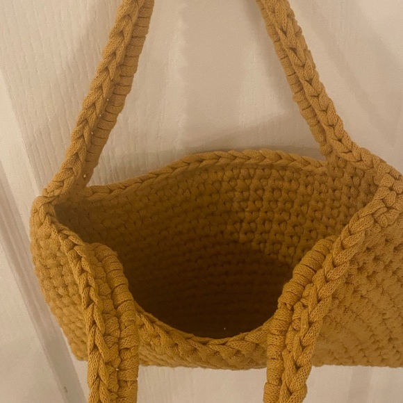 Vintage Handmade Crochet Woven Small Tote Bag Mustard Yellow Boho Trapillo - Picture 3 of 8